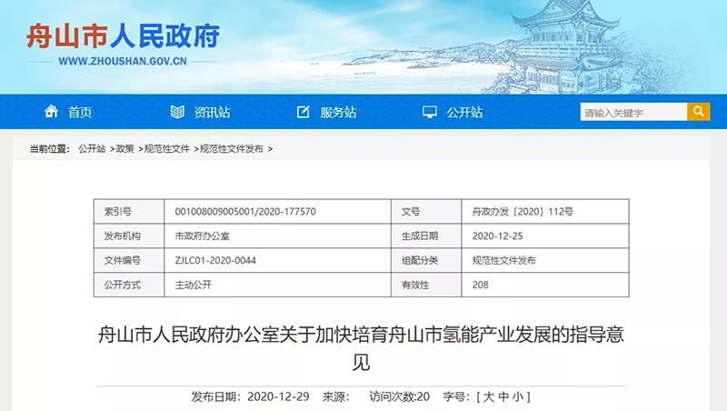舟山发布《关于加快培育舟山市氢能产业发展的指导意见》，打造“海上氢岛”